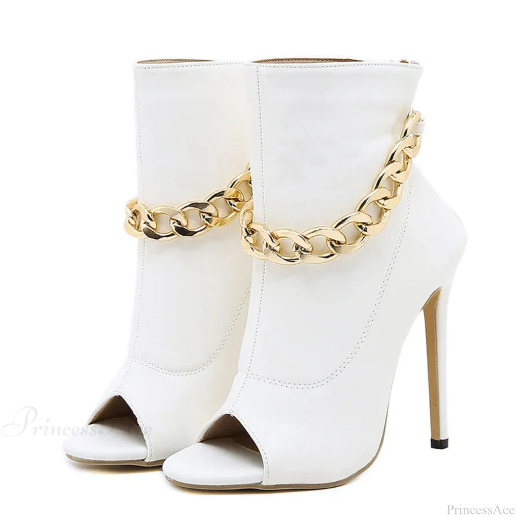 High-Quality White Leather Basic Boots Ankle Sandals Metal-Chain Thin-Heels Peep-Toe Zip Pumps High Heel