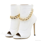 High-Quality White Leather Basic Boots Ankle Sandals Metal-Chain Thin-Heels Peep-Toe Zip Pumps High Heel