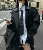 High Slit Black PU Leather Overcoat