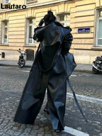 High Slit Black PU Leather Overcoat