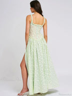 High Slit Square Collar Green Vacation Dress