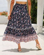High Waist Floral Beach Skirt A-line Ruffled Lace Holiday Maxi