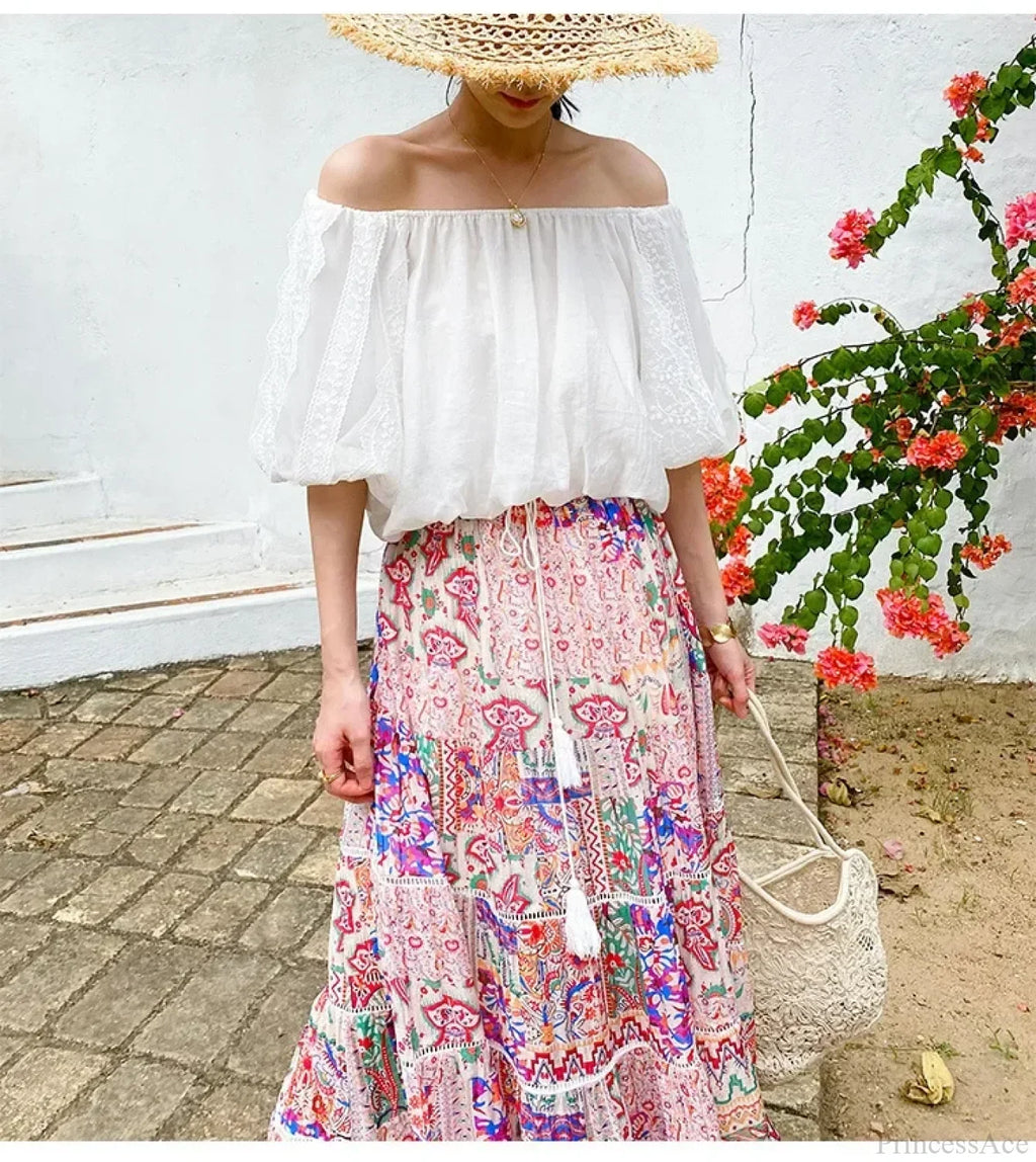 High Waist Floral Beach Skirt Lace Patchwork Chic Cotton Maxi