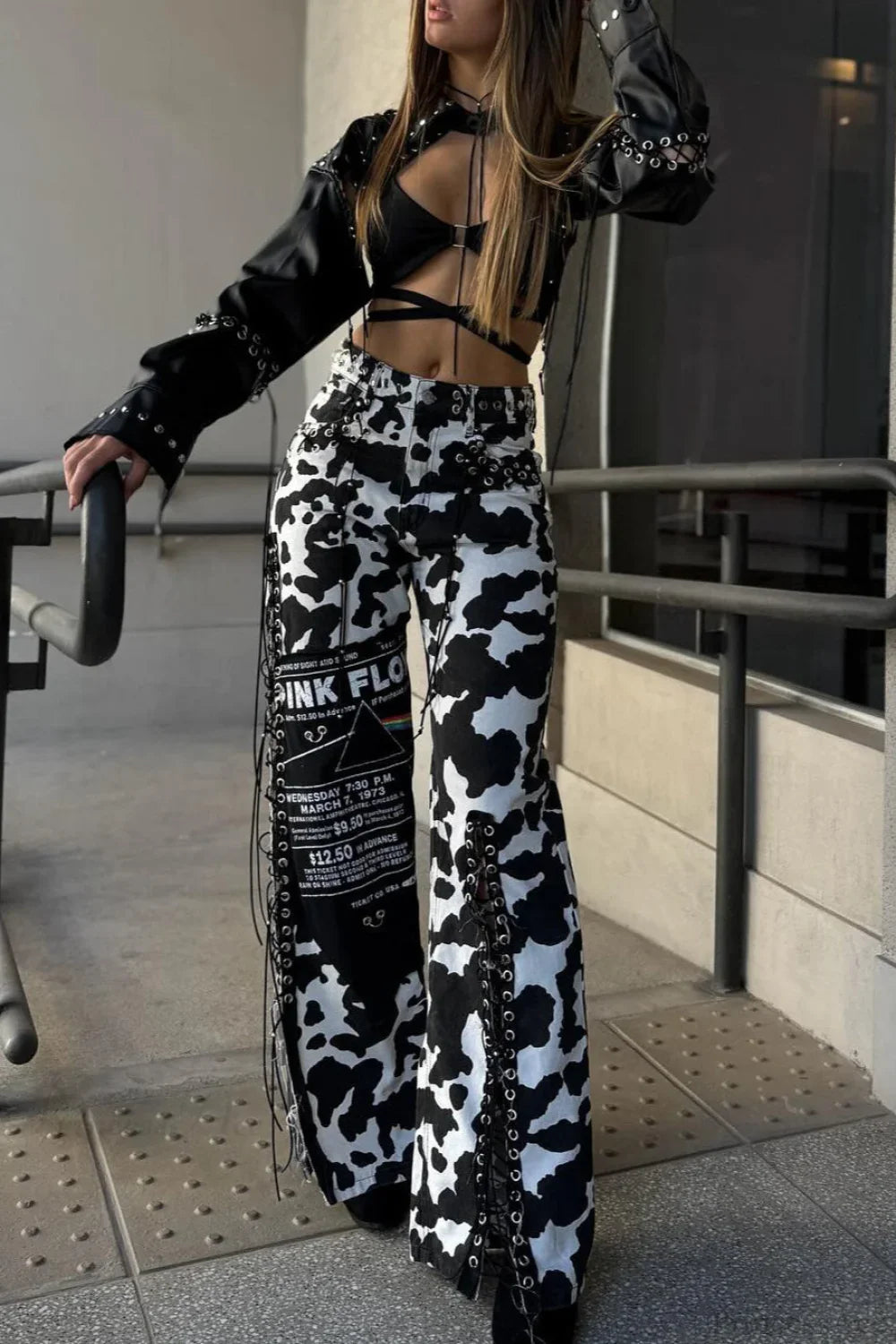 High Waist Slim Milk Print Tassel Rivet Denim Pants