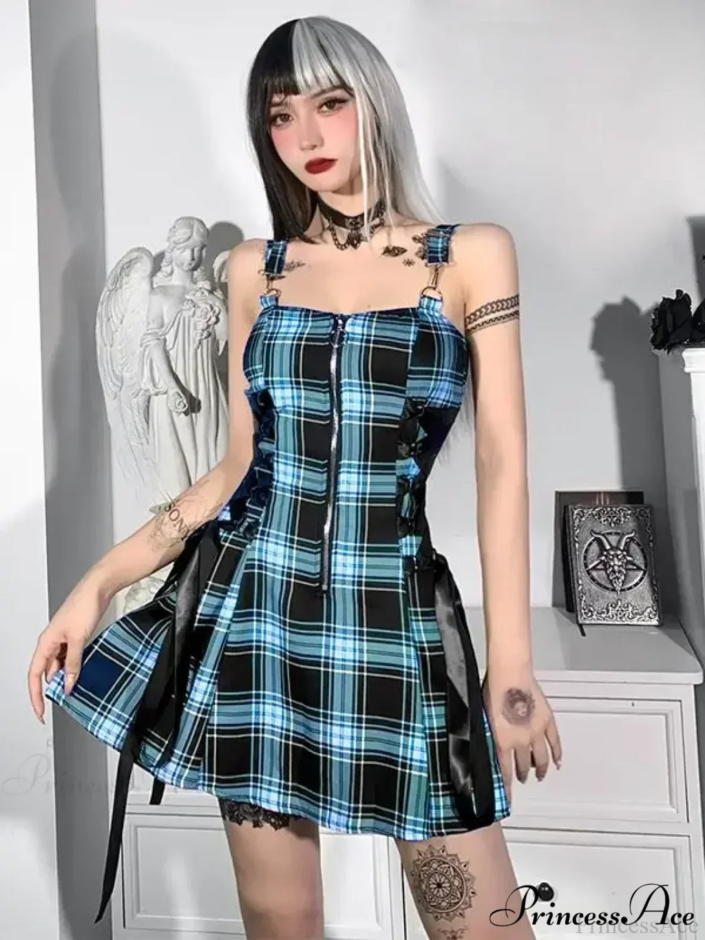 Plaid Zip Front Corset Lace Up Side Mini Dress