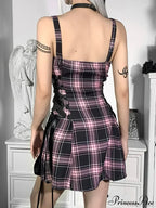 Plaid Zip Front Corset Lace Up Side Mini Dress