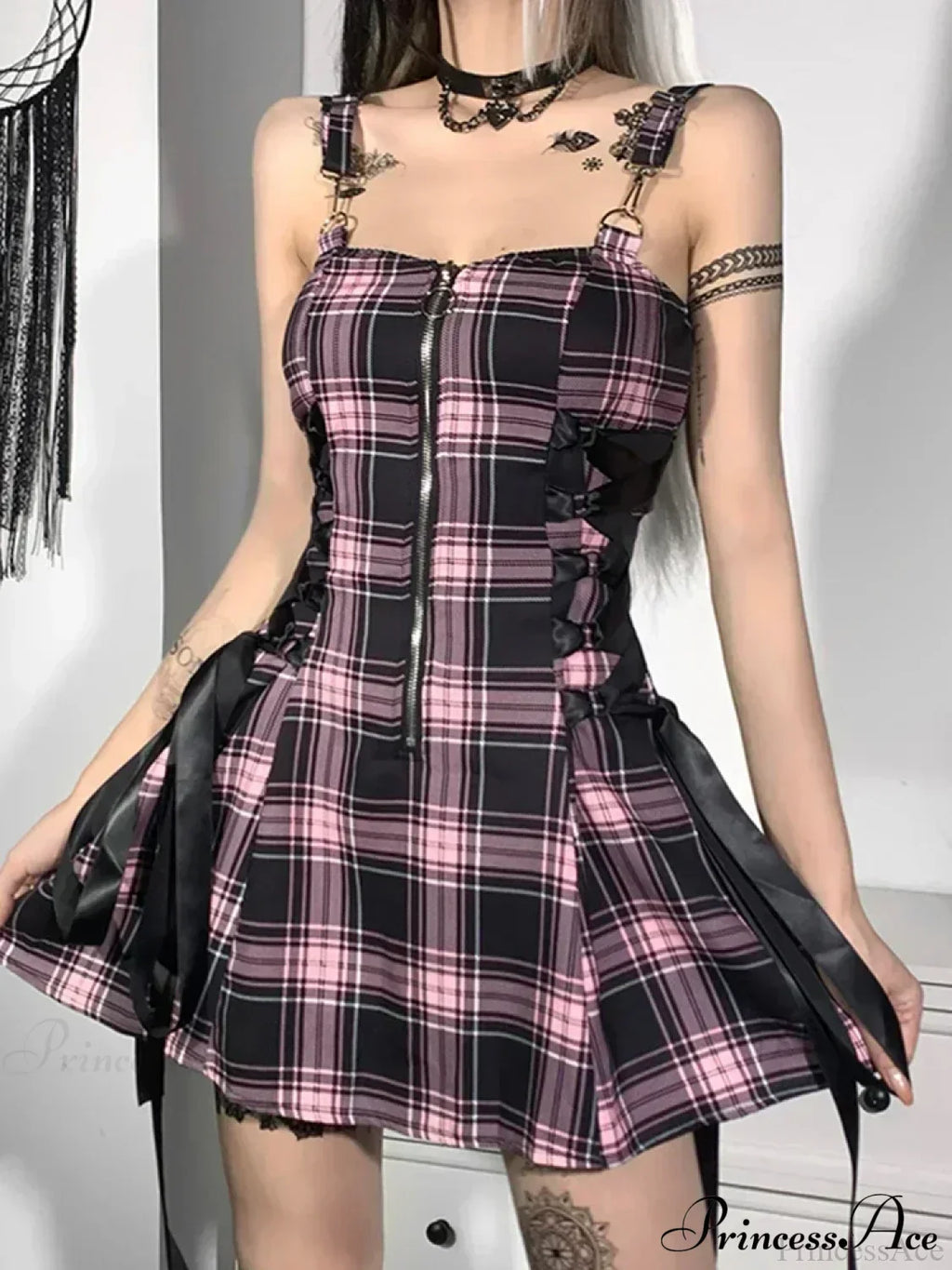 Plaid Zip Front Corset Lace Up Side Mini Dress