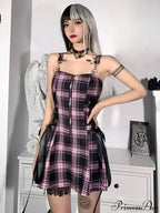 Plaid Zip Front Corset Lace Up Side Mini Dress