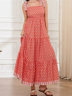 High Waist Tie Strap Print Maxi Dress