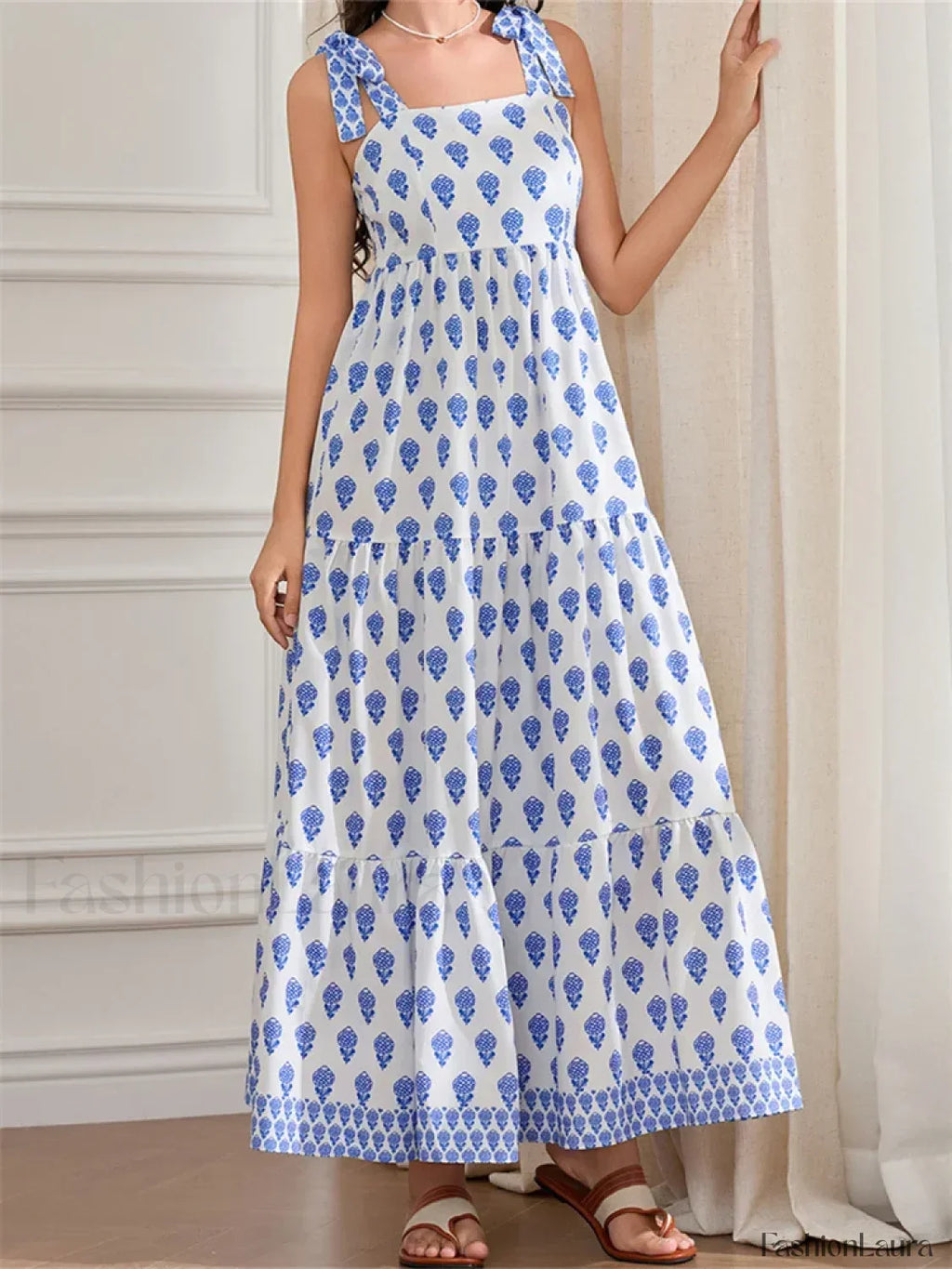 High Waist Tie Strap Print Maxi Dress