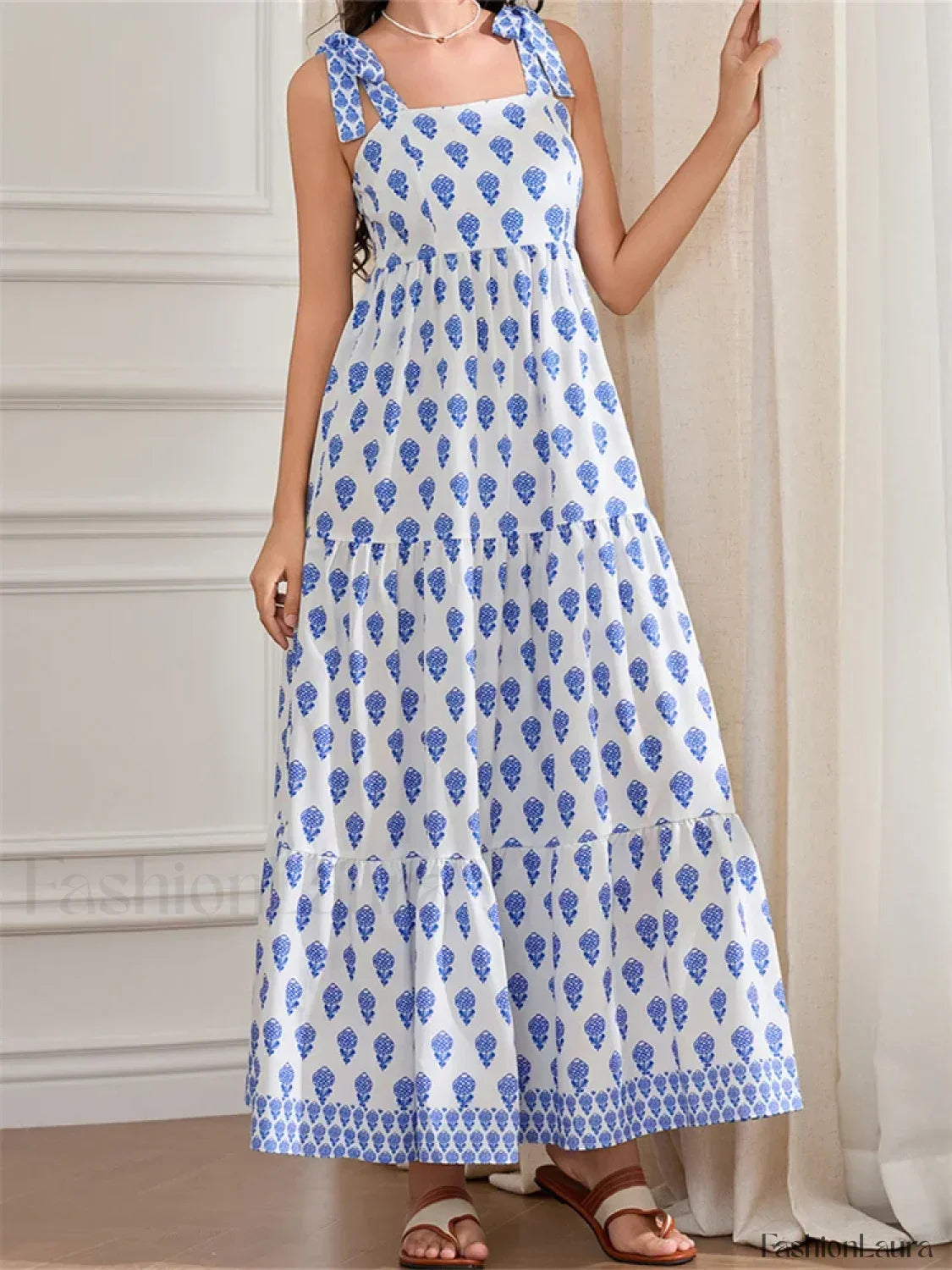High Waist Tie Strap Print Maxi Dress