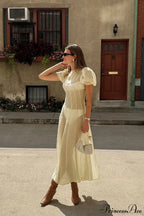 High Waisted Sheer Puff Sleeve Sleek Maxi Dress