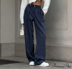 High Waisted Straight Leg Wide Leg Navy Striped Casual Pants