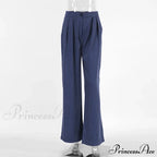 High Waisted Straight Leg Wide Leg Navy Striped Casual Pants