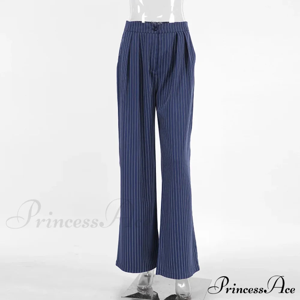 High Waisted Straight Leg Wide Leg Navy Striped Casual Pants