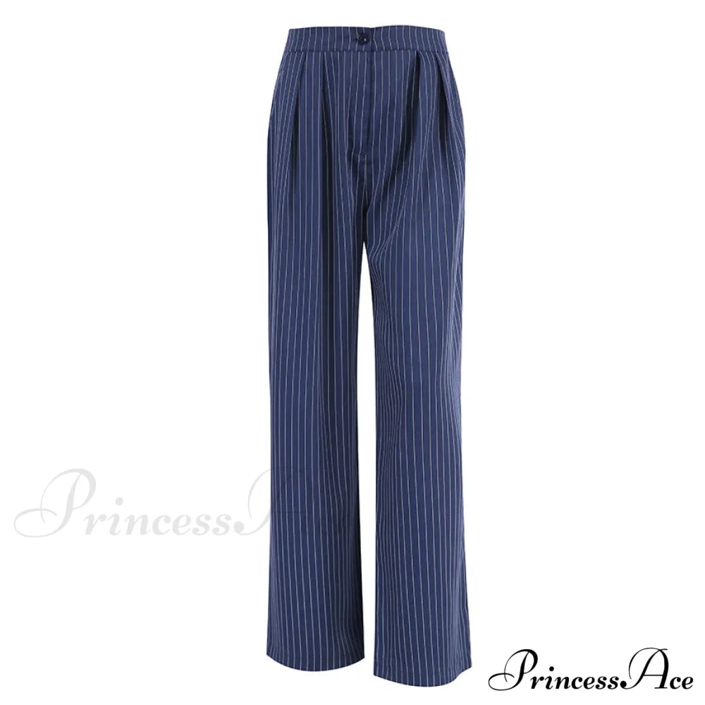 High Waisted Straight Leg Wide Leg Navy Striped Casual Pants