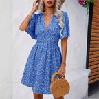 High Waisted V-neck Pleated Floral Dress