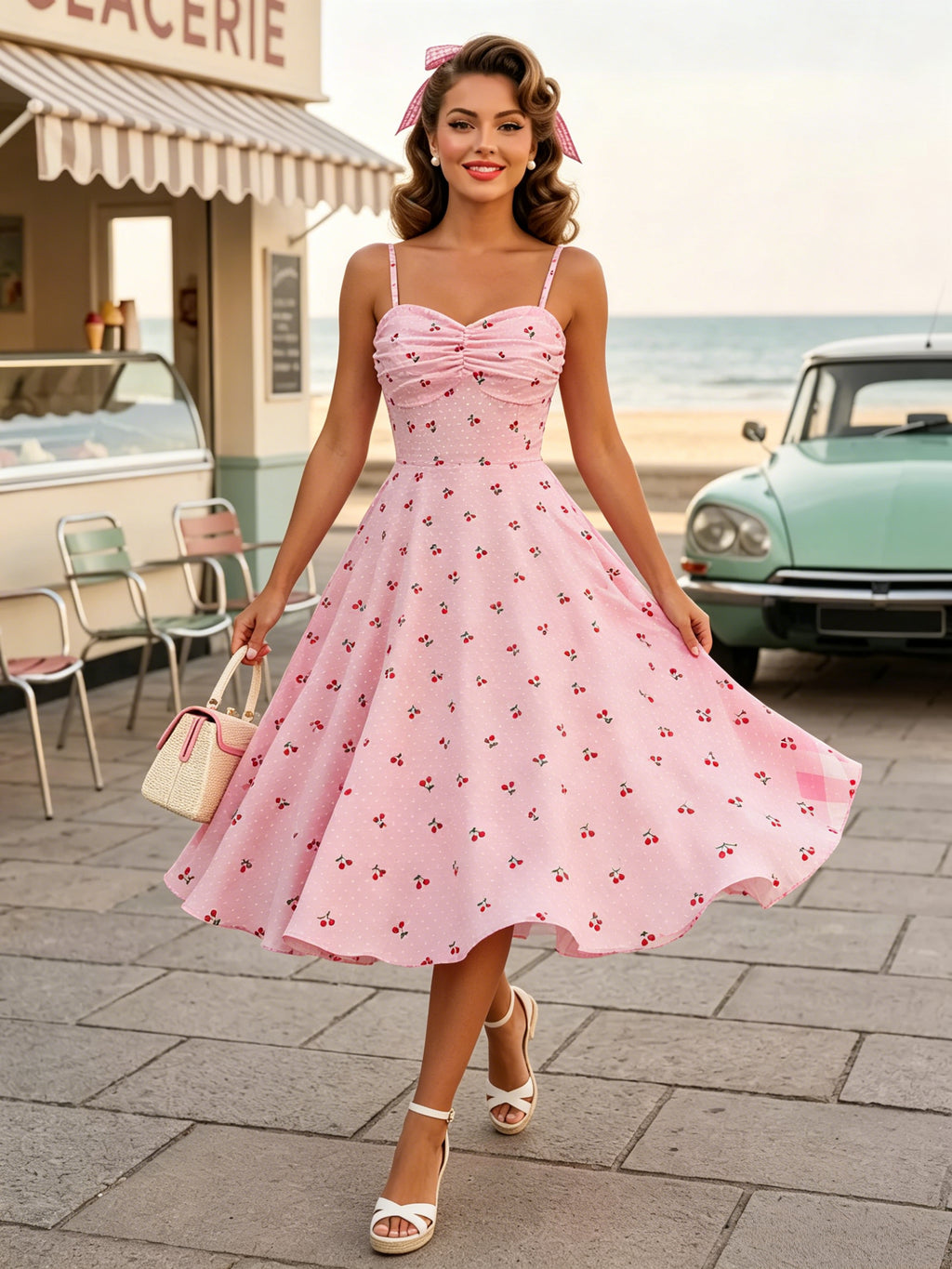Pink Cherry Print Halter A Line Midi Dress For Women Sweet Summer