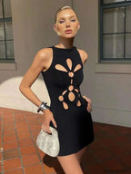 Black Hollow Flower Elastic Mini Dress