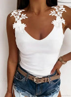 Hollow Lace Petal V-Neck Oversize Casual Slim Fit Tank Top