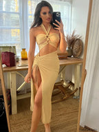 Hollow Lace-Up Halter Midi Dress