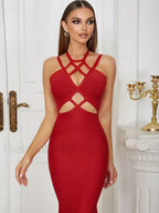 Red Hollow Lace-up Spaghetti Midi Dress