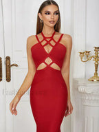 Red Hollow Lace-up Spaghetti Midi Dress