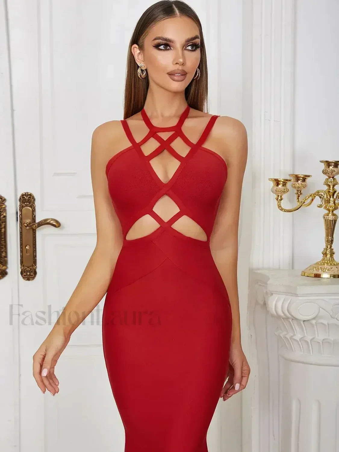 Red Hollow Lace-up Spaghetti Midi Dress