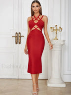 Red Hollow Lace-up Spaghetti Midi Dress