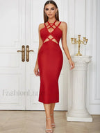 Red Hollow Lace-up Spaghetti Midi Dress