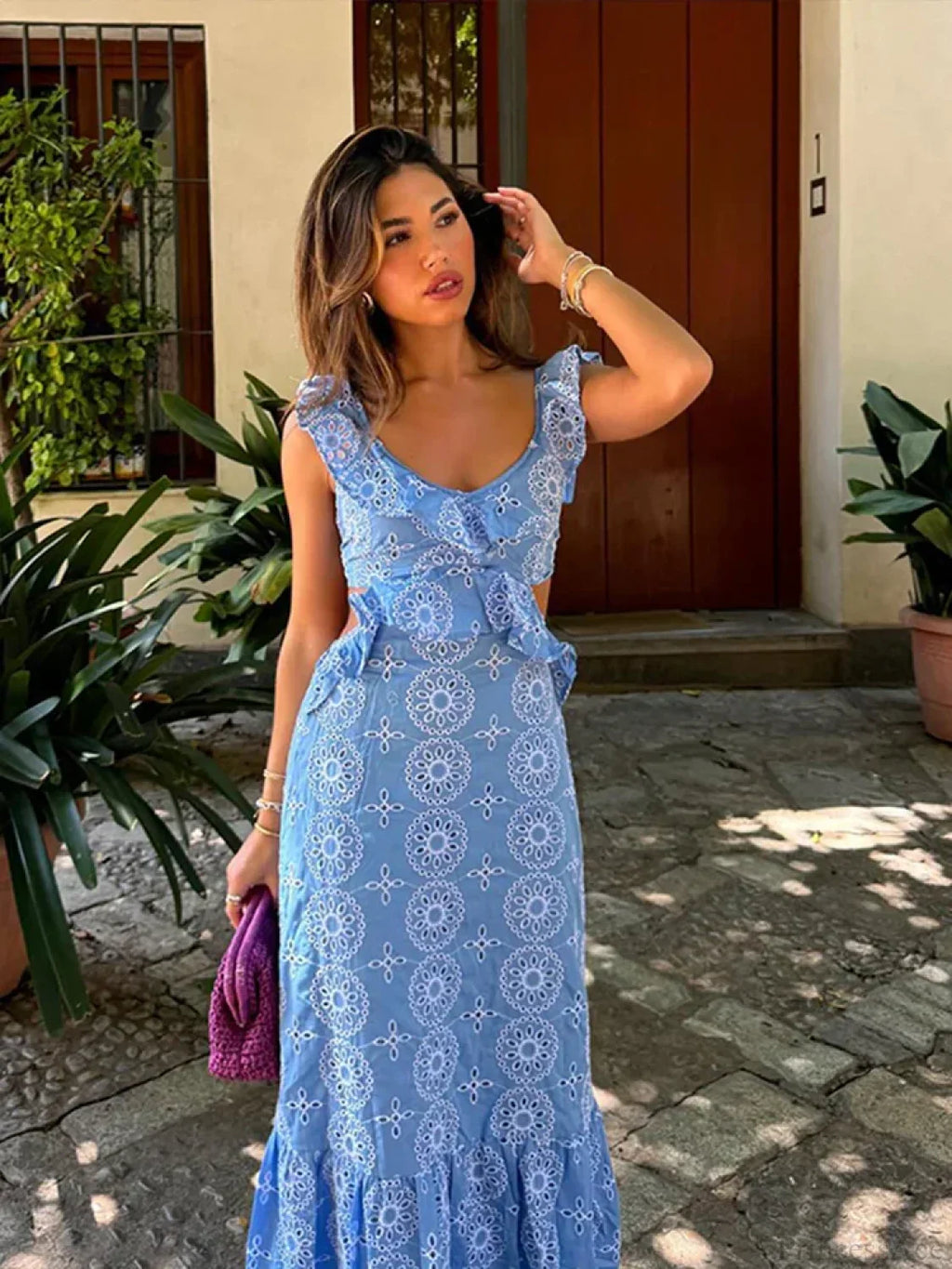 Hollow Out Embroidery Backless Ruffle Maxi Dress