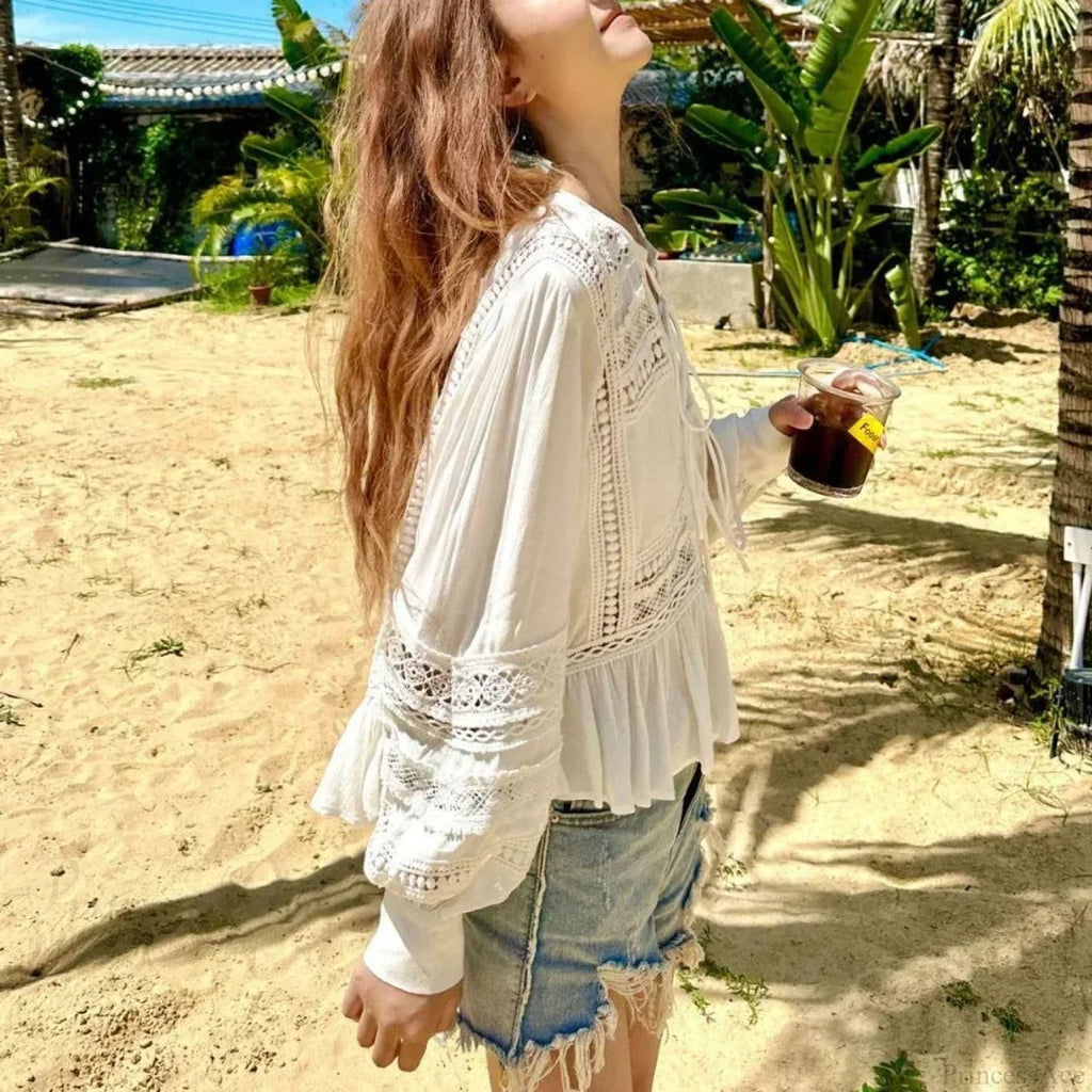 Hollow Out Lace Ethnic Long Sleeve Ruffles Boho Blouse