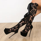 Hollow-Out Lace-Up Platform Knee-High Sexy Sandals Cross-Tie Peep-ToeFashionable High Heel
