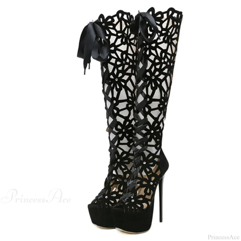 Hollow-Out Lace-Up Platform Knee-High Sexy Sandals Cross-Tie Peep-ToeFashionable High Heel