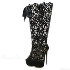 Hollow-Out Lace-Up Platform Knee-High Sexy Sandals Cross-Tie Peep-ToeFashionable High Heel