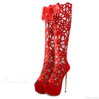 Hollow-Out Lace-Up Platform Knee-High Sexy Sandals Cross-Tie Peep-ToeFashionable High Heel