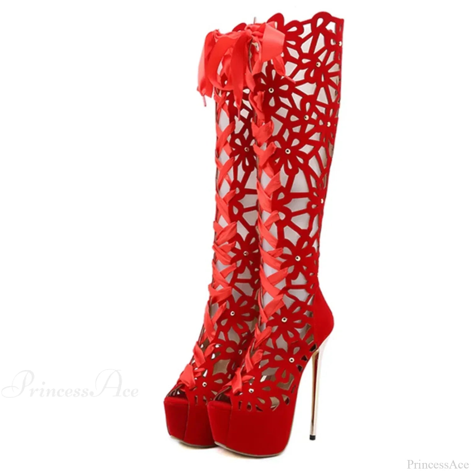 Hollow-Out Lace-Up Platform Knee-High Sexy Sandals Cross-Tie Peep-ToeFashionable High Heel