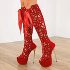 Hollow-Out Lace-Up Platform Knee-High Sexy Sandals Cross-Tie Peep-ToeFashionable High Heel
