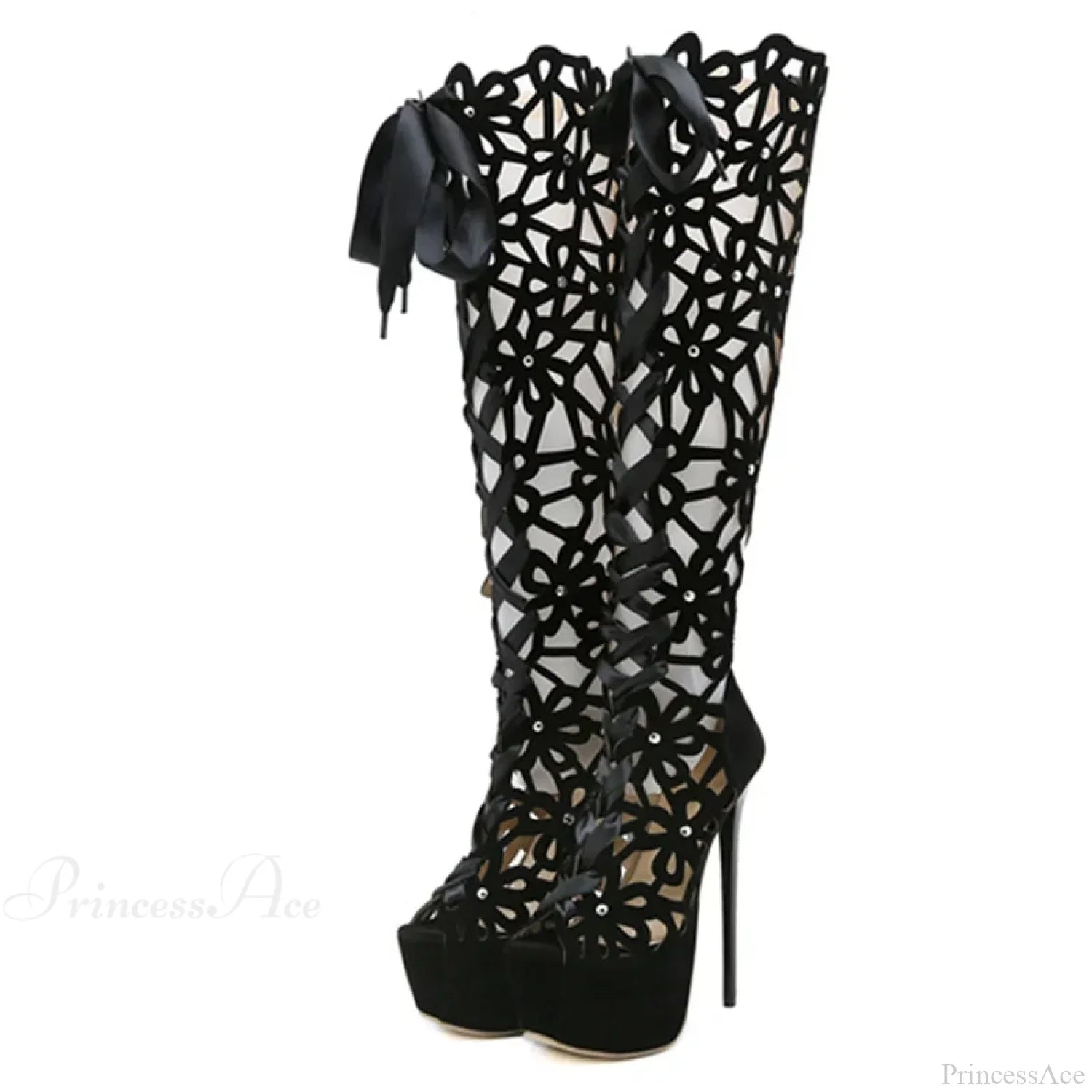 Hollow-Out Lace-Up Platform Knee-High Sexy Sandals Cross-Tie Peep-ToeFashionable High Heel