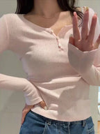Hollow Out Pink Long Sleeve Sexy Slim Top Knit Top