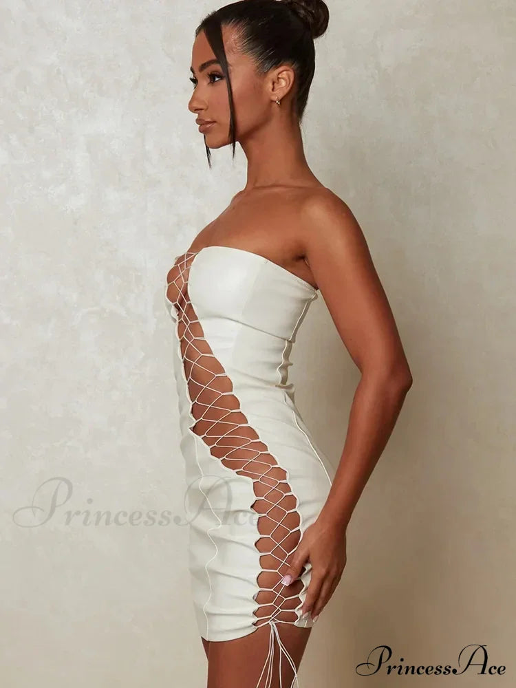 Hollow Out PU Leather Strapless Sleeveless Bodycon Party Short Mini Dress