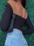 Hollow-Out V-neck Slim Ribbed Backless Tee Crop Top