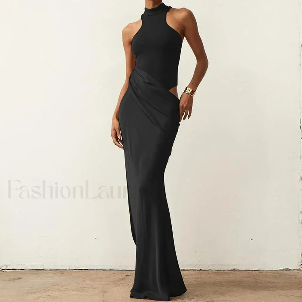 Hollow Pleated Patchwork Maxi Dress