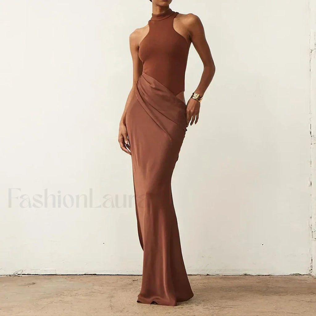 Hollow Pleated Patchwork Maxi Dress