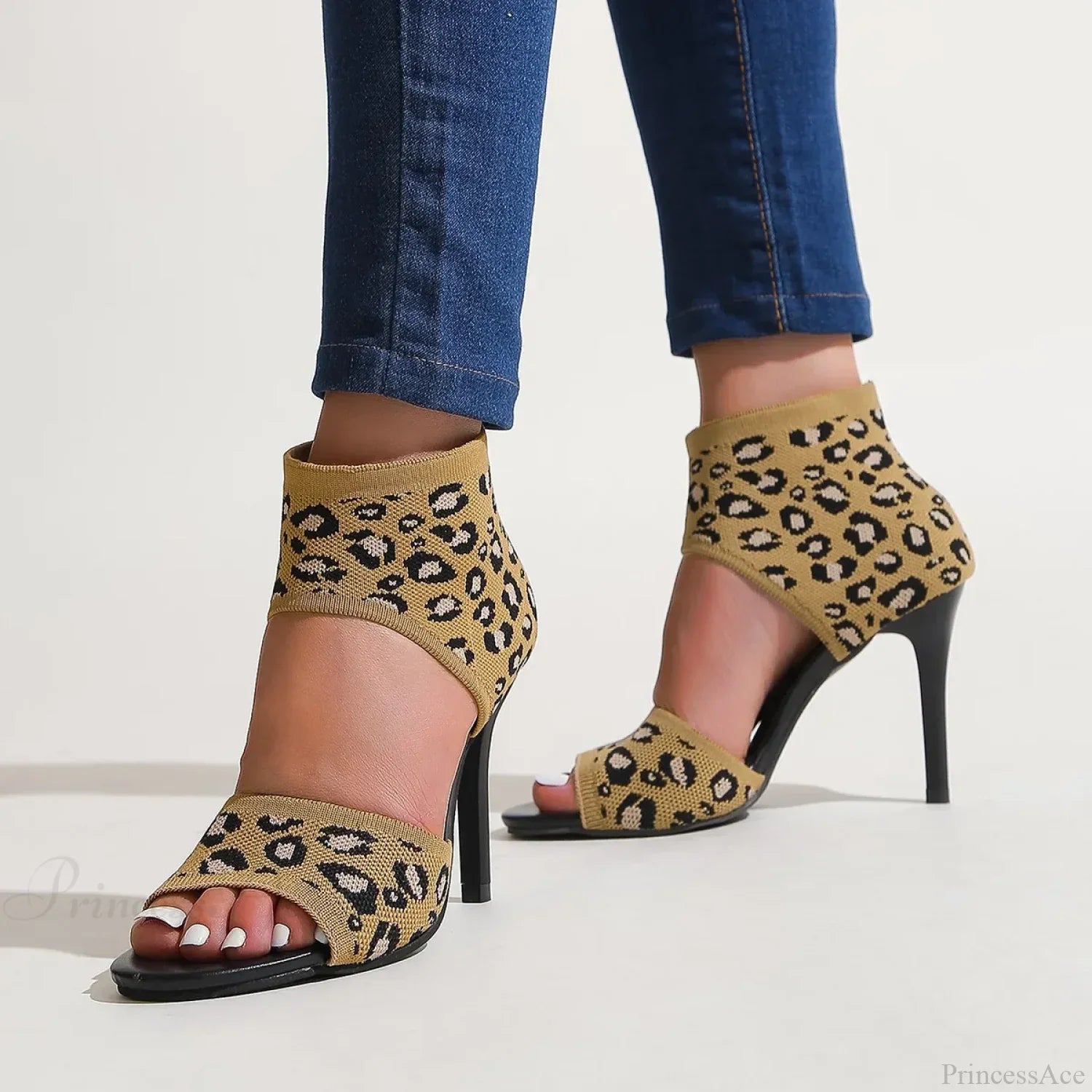 Hot Spring Summer Designer Knitted Open Toe Sexy Party Leopard Print Stilettos High Heel