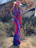 Tie Dye Print Halter Deep V-Neck Wrapped Waist Bodycon Maxi Dress