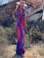 Tie Dye Print Halter Deep V-Neck Wrapped Waist Bodycon Maxi Dress