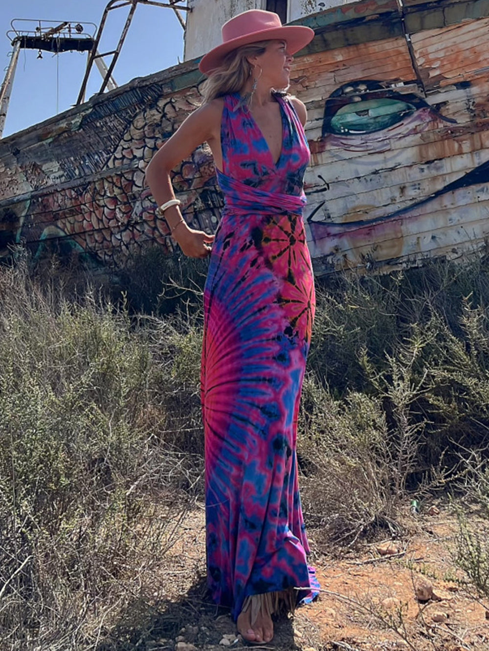 Tie Dye Print Halter Deep V-Neck Wrapped Waist Bodycon Maxi Dress
