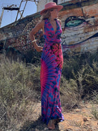 Tie Dye Print Halter Deep V-Neck Wrapped Waist Bodycon Maxi Dress