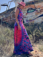 Tie Dye Print Halter Deep V-Neck Wrapped Waist Bodycon Maxi Dress